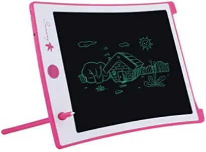This is an image of kid's electronic drawing board in white and pink colors