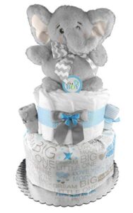 this is an image of a blue and gray diaper cake in elephant theme for baby boys. 
