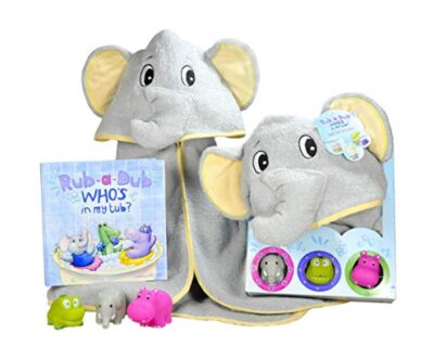 this is an image of an elephant hooded towel gift set for babies. 