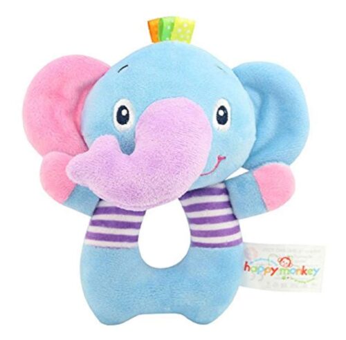 this is an image of an elephant soft rattle toy for kids. 