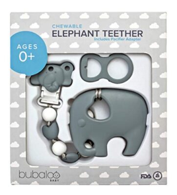 this is an image of an elephant teether with pacifier clip for babies. 