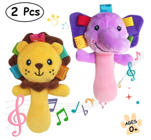 this is an image of an elephant and lion hand rattle squeeker sticks for kids. 
