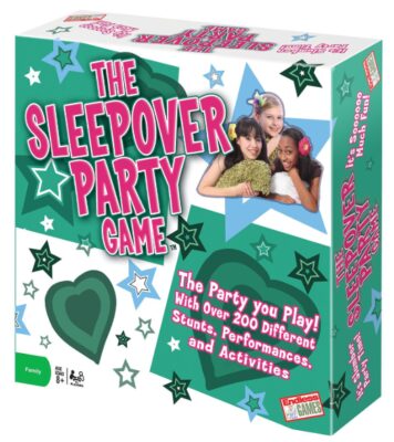 this is an image of a sleepover party board game for kids age 8 and above. 