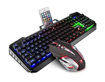 This is an image of a colorful LED backlit mouse and keyboard with phone stand. 