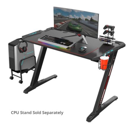 This is an image of a black ergonomic gaming desk.