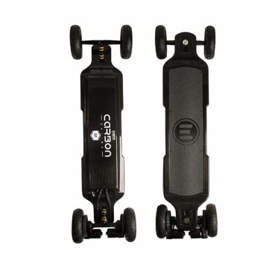 This is an image of a black electric skateboard by Evolve Skateboards. 