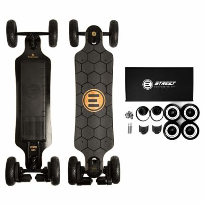 This is an image of a black bamboo electric skateboard by Evolve Skateboards. 
