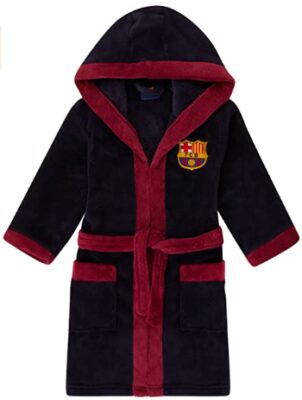 This is an image of kid's hooded dressing rove with barcelona tag in black and red colors