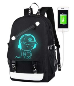 This is an image of a black anime backpack with charging port best gift for gamers.