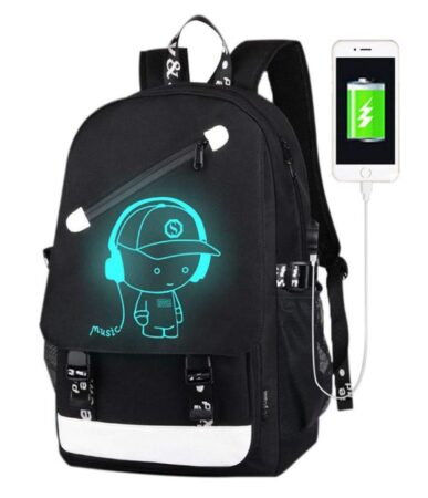 This is an image of a black anime backpack with charging port best gift for gamers. 