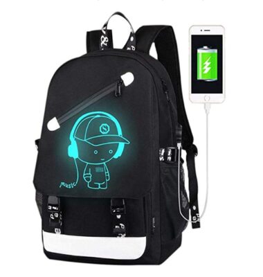 This is an image of a black anime luminous backpack by FLYMEI. 