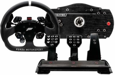 This is an image of a black Forza Motorsport racing simulator by Fanatec. 