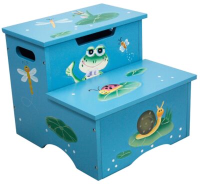 this is an image of a kid's step stool with storage in frog theme. 