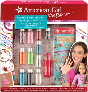 American Girl crafting set in a box with various bead colors, and a girl smiling print at the front