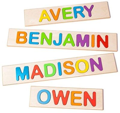 This is an image of kid's wooden personalized name puzzle by Fat Brain Toys