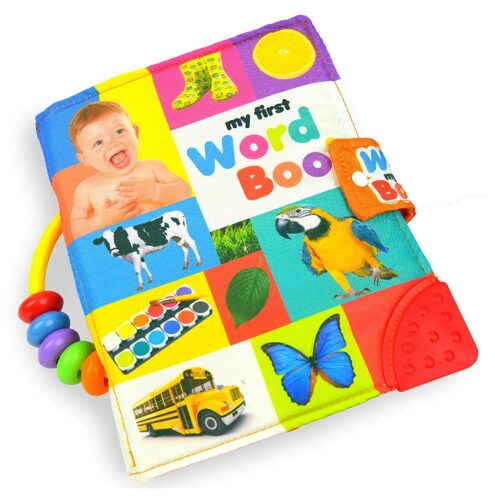 this is an image of a first word activity book for kids. 