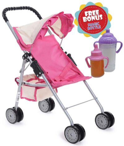 This is an image of doll stroller with pink and off-white colors