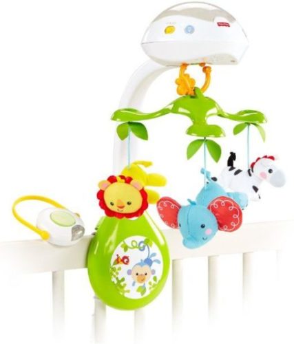 Fisher-Price baby crib soother white, green, red and yellow animals dangling down