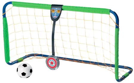 This is an image of kid's soccer electric Goal wih a ball by Fisher-Price