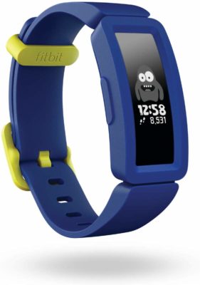 This is an image of a night sky and neon yellow Ace 2 smart watch for kids by Fitbil. 