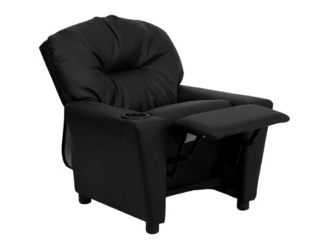 This is an image of a black leather recliner with cup holder designed for kids. 