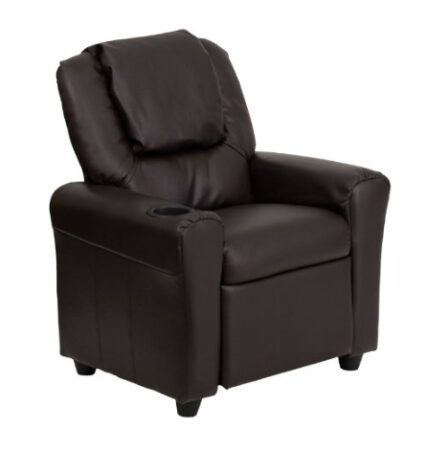 This is an image of a brown leather recliner with cup holder and headrest designed for kids. 