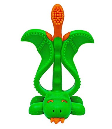 This is an image of a green dragon teether for little kids. 
