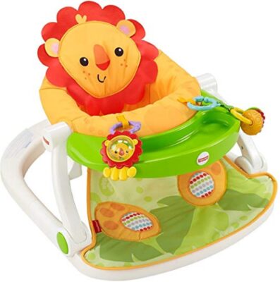 This is an image of baby floor seat with tray in yellow and green color