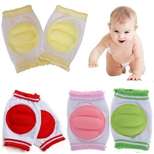 this is an image of knee pads with a crawling baby.