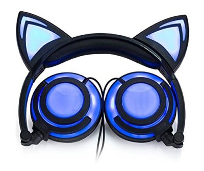 this is an image of a foldable LED lights cat ear headphones for kids and teens. 