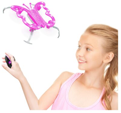 this is an image of a pink monarch butterfly drone with remote for kids. 