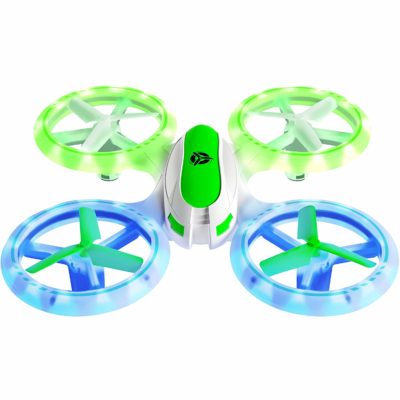 This is an image of a blue and green UFO style mini drone.