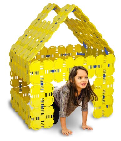 This is an image of a yellow fort building kit for kids. 
