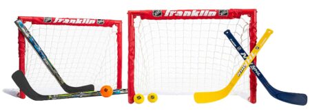 This is an image of kid's hockey with two goals set in varicolors