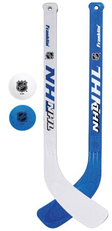 This is an image of kid's hockey stick and ball set in white and blue colors