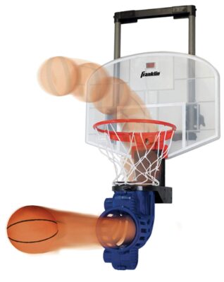 this is an image of an over the door mini basketball hoop with automatic ball return. 