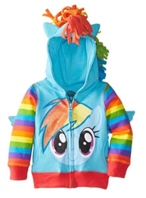 this is an image of a pony rainbow dash hoodie for little girls. 
