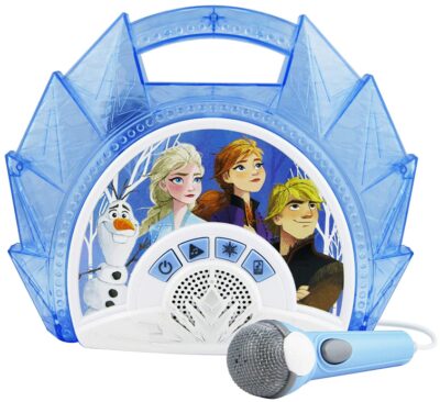 This is an image of girl's frozen 2 sing along boombox with microphone in blue and white colors