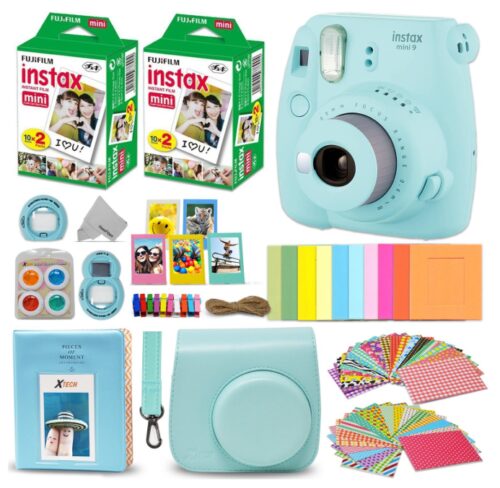 this is an image of an iceblue mini instant camera for teenage girls. 