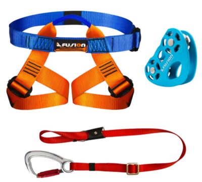 this is an image of a zip line bundle that comes with harness and lanyard for kids. 