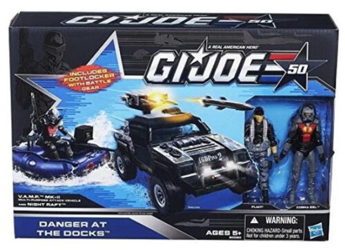 this is an image of a G.I. Joe Danger at the docks toy with cobra night raft, attack vehicle and action figures. 