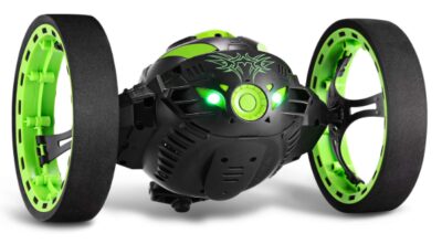 this is an image of a green RC bounce car for kids. 