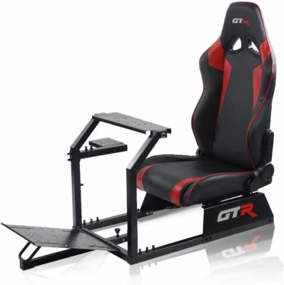 This is an image of a black and red driving simulator by GTR.