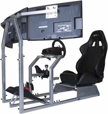 This is an image of a black GTA F racing simulator with dual monitor by GTR Simulator.
