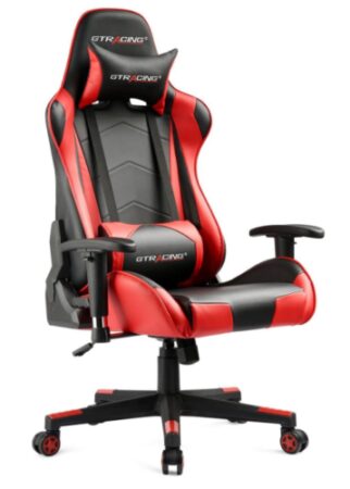 This is an image of a red and black gaming chair for teens and adults.