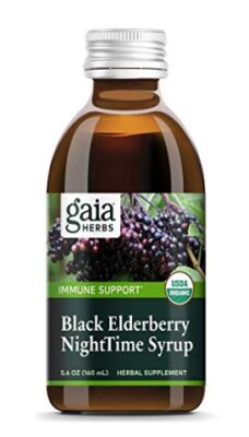 this is an image of a Gaia herbs black elderberry nighttime syrup.