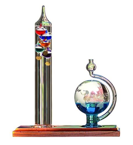 this is an image of a Galileo thermometer with glass globe barometer for kids. 