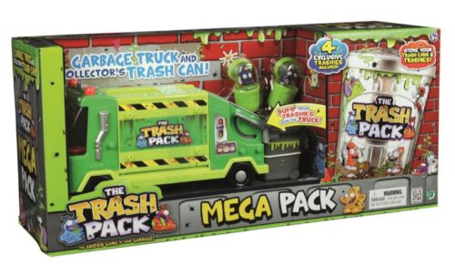  this is an image of a garbage truck and collector's trash can action figure for kids.