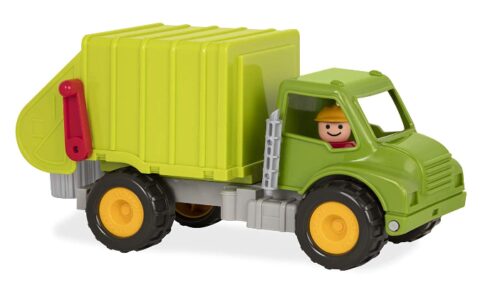 this is an image of a garbage truck with garbage bins and driver toy vehicle for kids. 