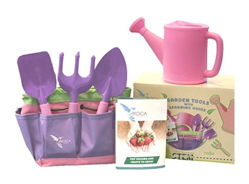 this is an image of a pink garden tools with STEM learning guide for little girls. 